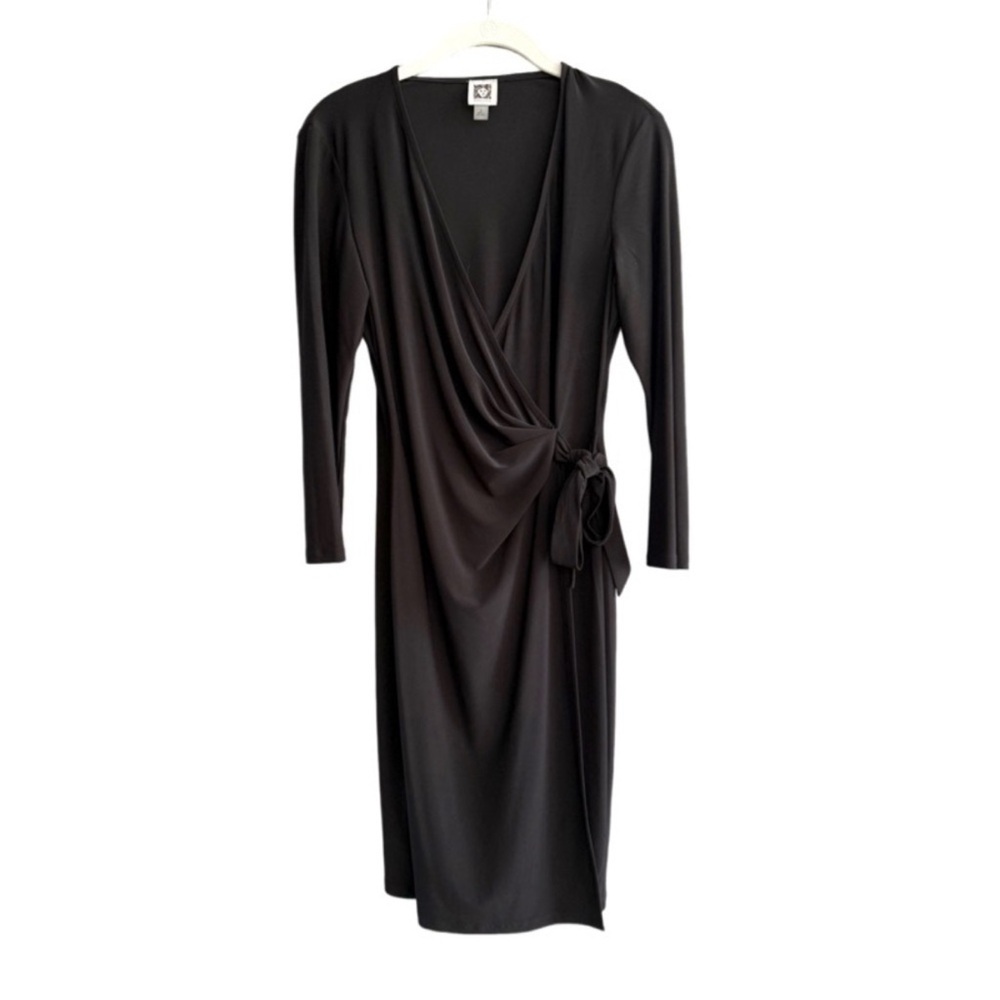 Anne Klein Faux Wrap Dress 3/4 Sleeve Stretch Jersey Black Size 6